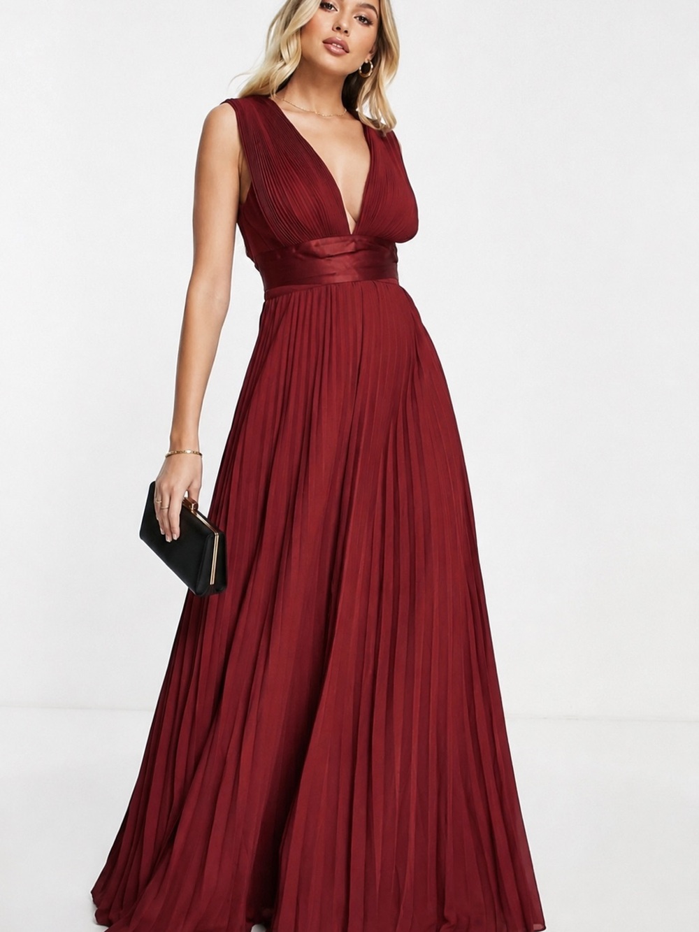 ASOS DESIGN Burgundy Pleated Maxi Dress Bridesmaid Wedding Guest Formal Size 12